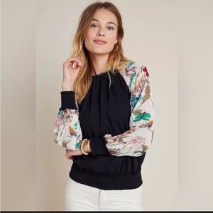Anthropologie Tiny Dawn Smocked Top Black Mixed Media Butterfly Sleeve Medium